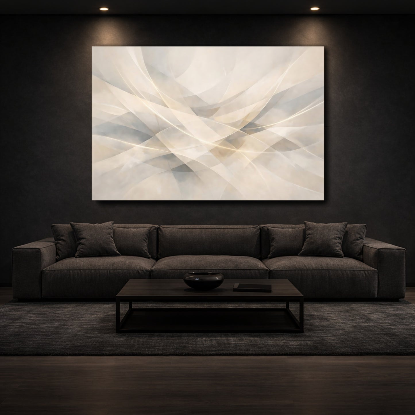 Mockup 2. Abstract Abstract Curves Beige Gray Abstract shown as stretched canvas wall art