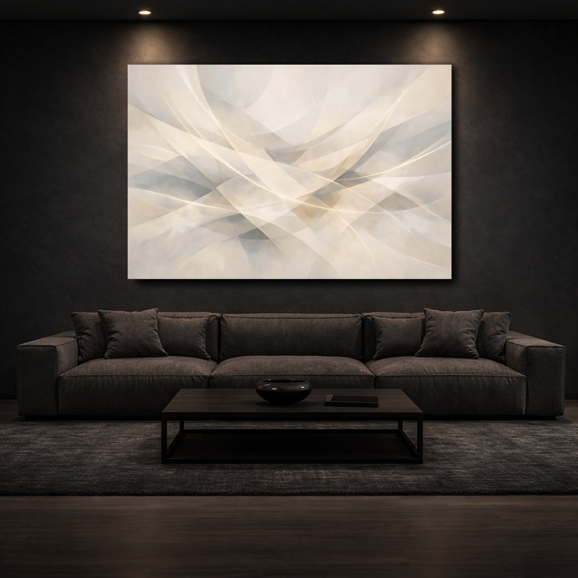 Mockup 2. Abstract Abstract Curves Beige Gray Abstract shown as stretched canvas wall art