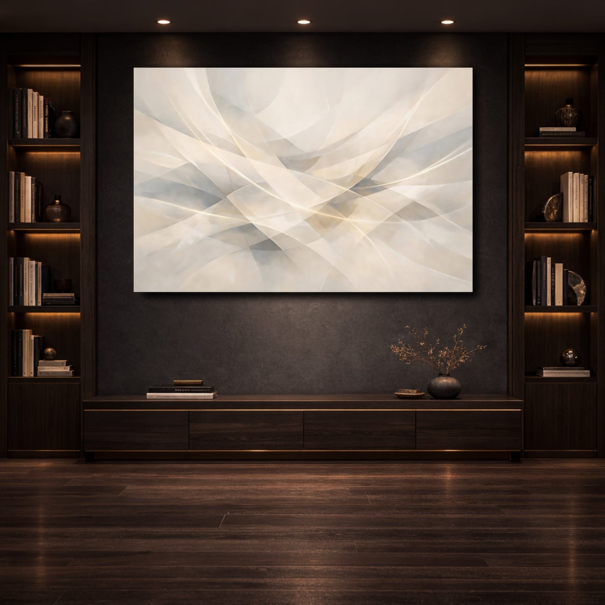 Mockup 3. Abstract Abstract Curves Beige Gray Abstract shown as stretched canvas wall art