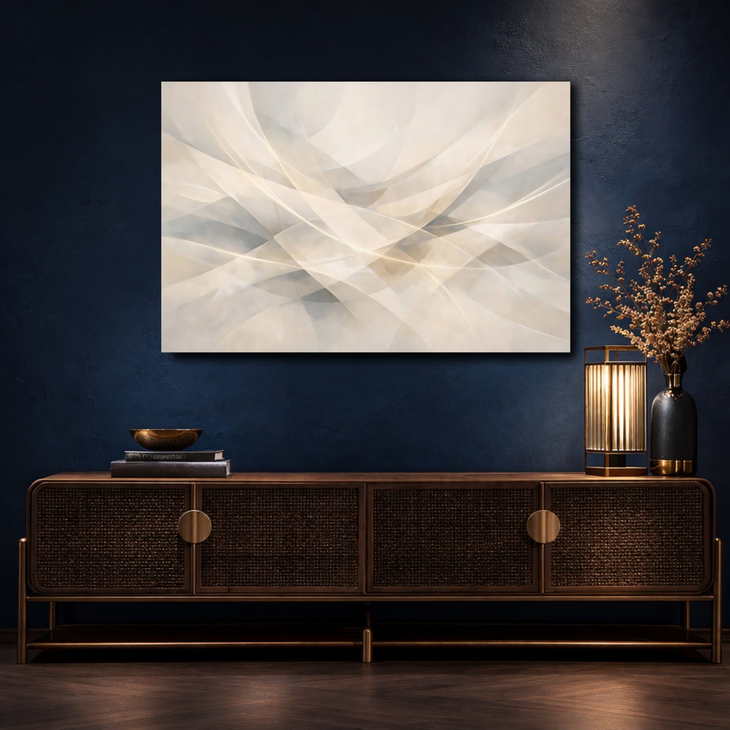 Mockup 4. Abstract Abstract Curves Beige Gray Abstract shown as stretched canvas wall art