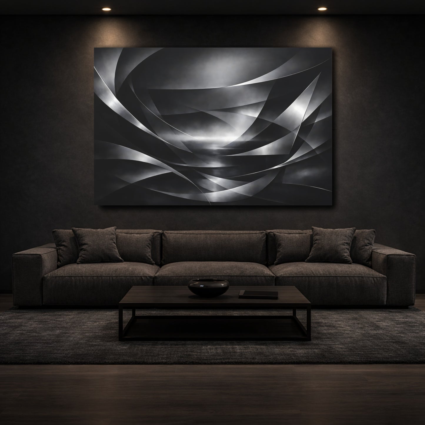Mockup 2. Abstract Abstract Curves Black And White shown as stretched canvas wall art