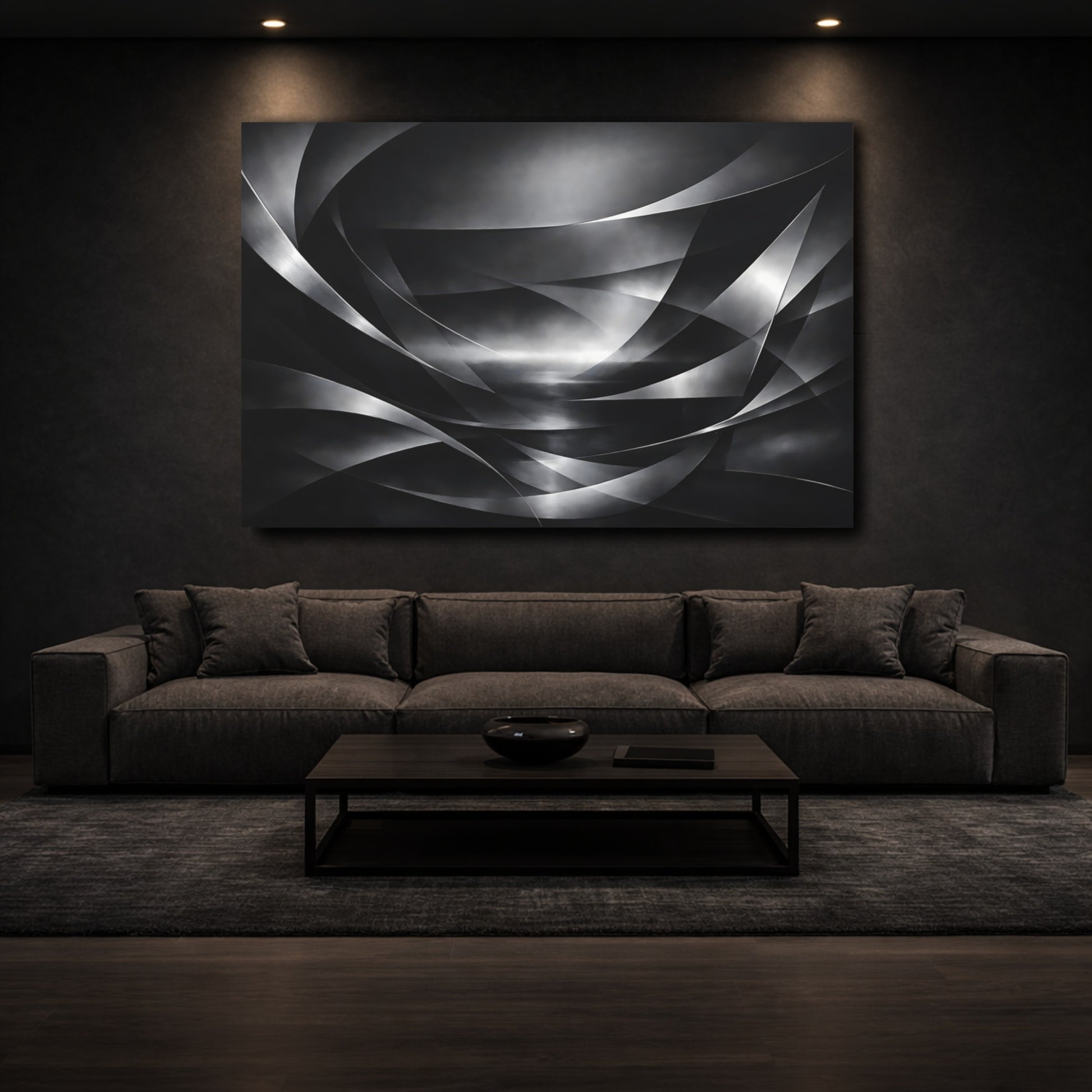 Mockup 2. Abstract Abstract Curves Black And White shown as stretched canvas wall art