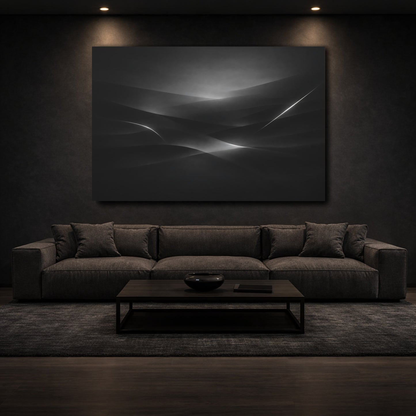Mockup 2. Abstract Abstract Curves Black And White shown as stretched canvas wall art