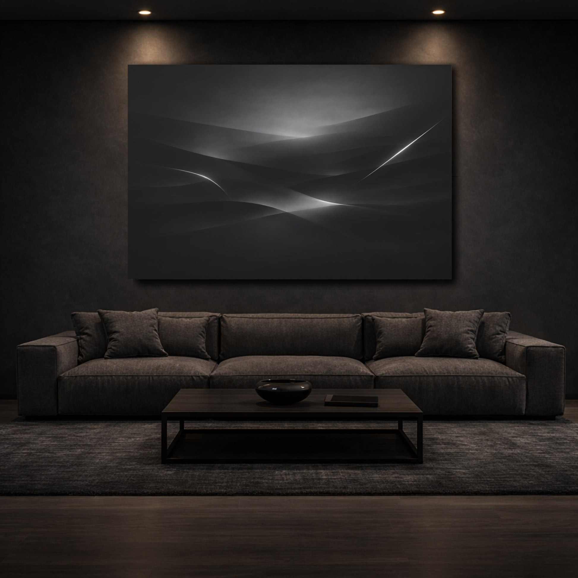 Mockup 2. Abstract Abstract Curves Black And White shown as stretched canvas wall art