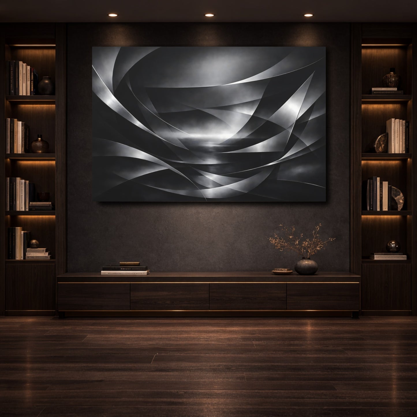 Mockup 3. Abstract Abstract Curves Black And White shown as stretched canvas wall art