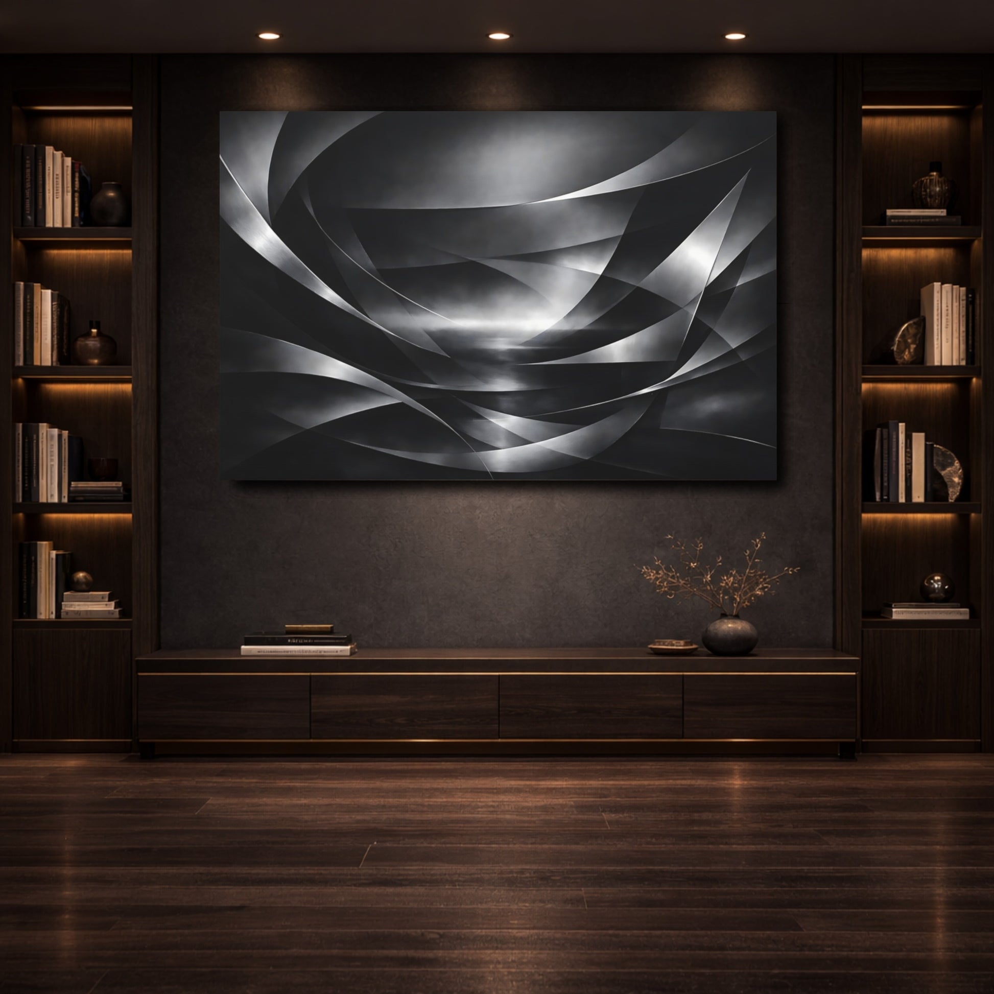 Mockup 3. Abstract Abstract Curves Black And White shown as stretched canvas wall art