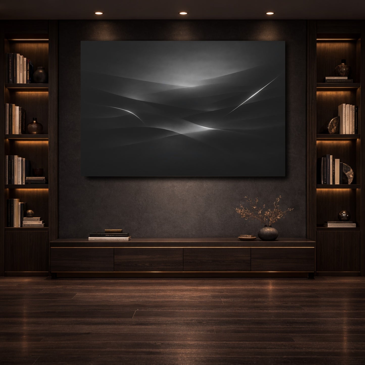 Mockup 3. Abstract Abstract Curves Black And White shown as stretched canvas wall art