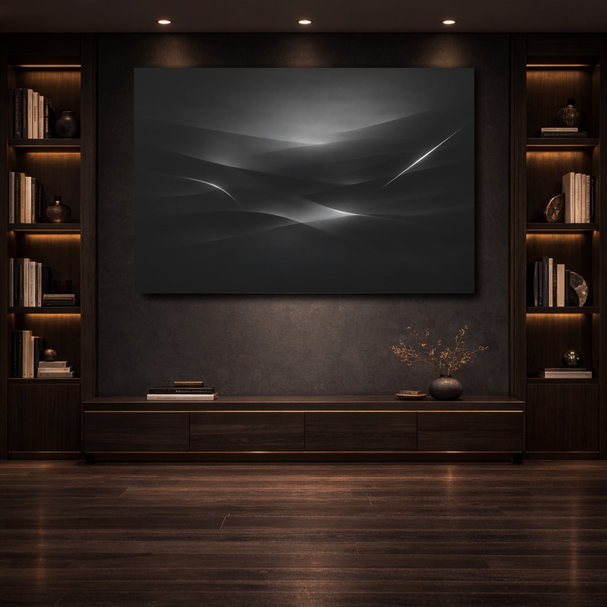 Mockup 3. Abstract Abstract Curves Black And White shown as stretched canvas wall art