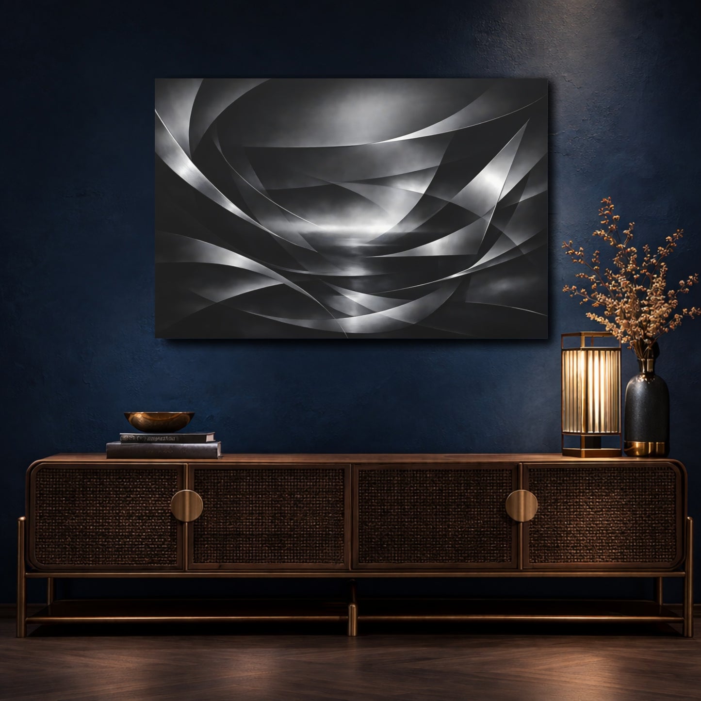 Mockup 4. Abstract Abstract Curves Black And White shown as stretched canvas wall art