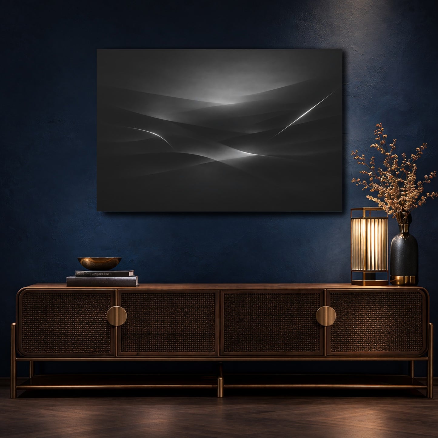 Mockup 4. Abstract Abstract Curves Black And White shown as stretched canvas wall art