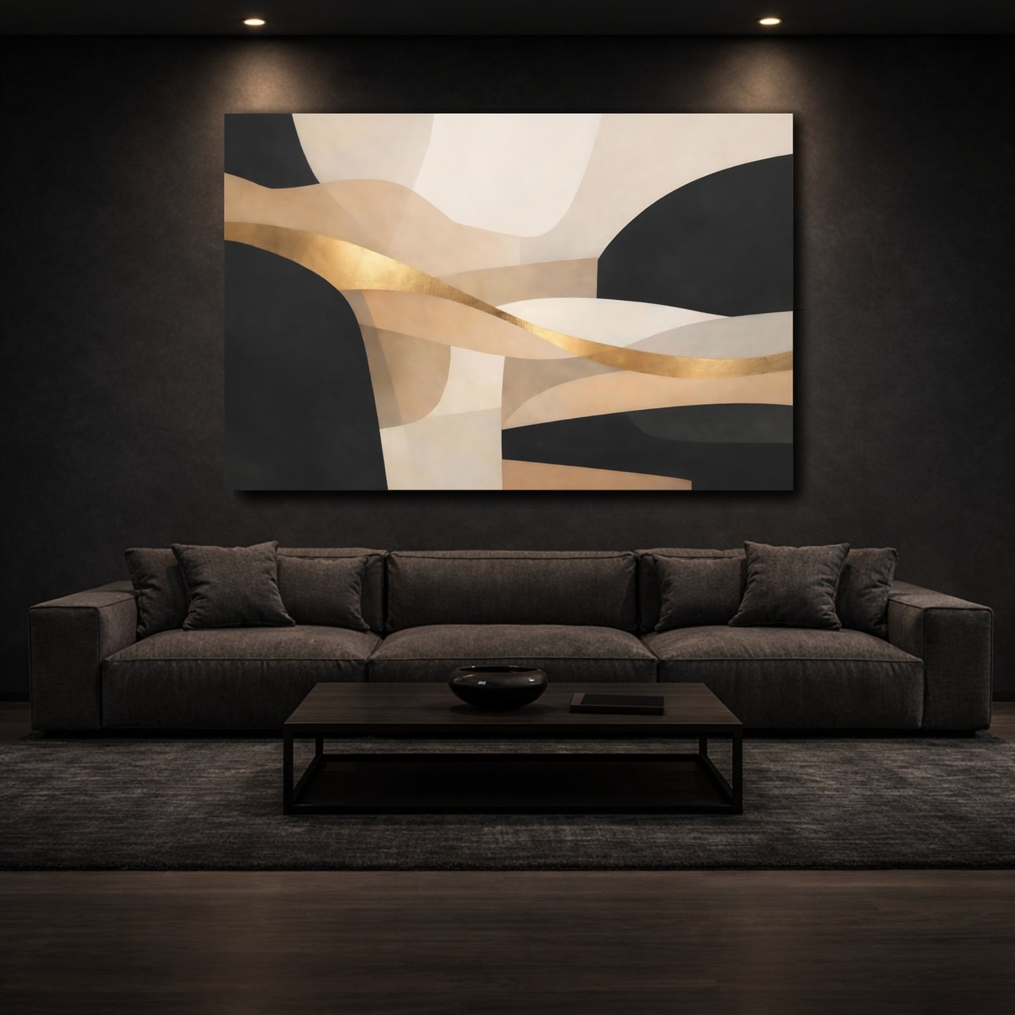Mockup 2. Abstract Abstract Curves Black Gold Abstract shown as stretched canvas wall art