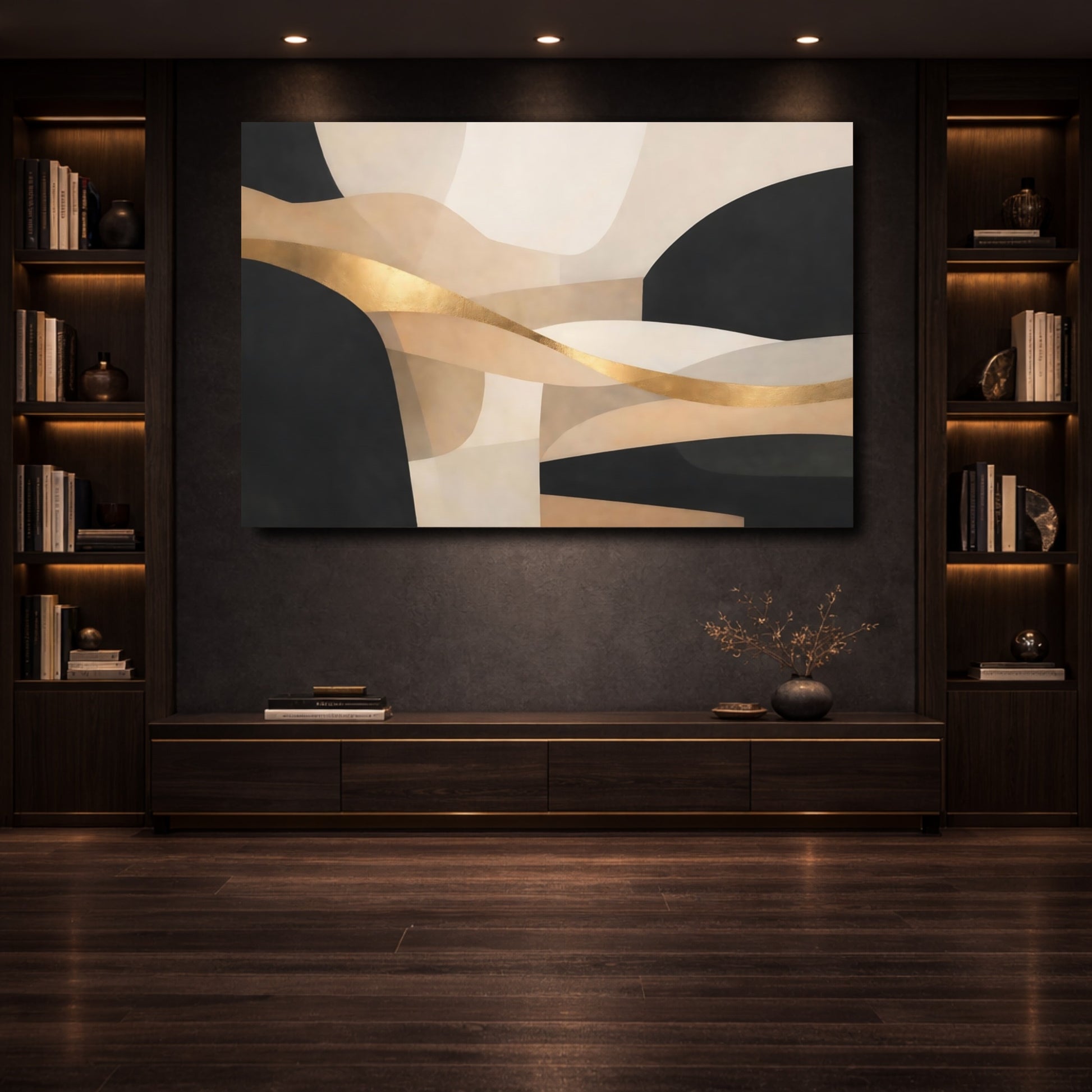 Mockup 3. Abstract Abstract Curves Black Gold Abstract shown as stretched canvas wall art