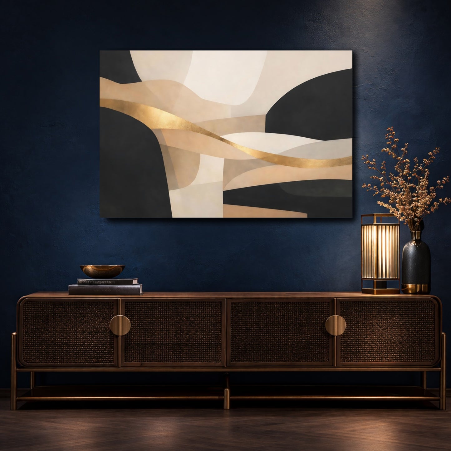 Mockup 4. Abstract Abstract Curves Black Gold Abstract shown as stretched canvas wall art