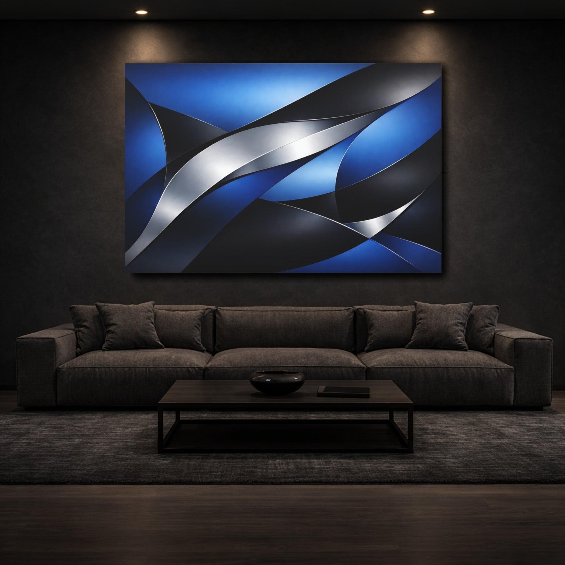 Mockup 2. Abstract Abstract Curves Blue And Silver Abstract shown as stretched canvas wall art