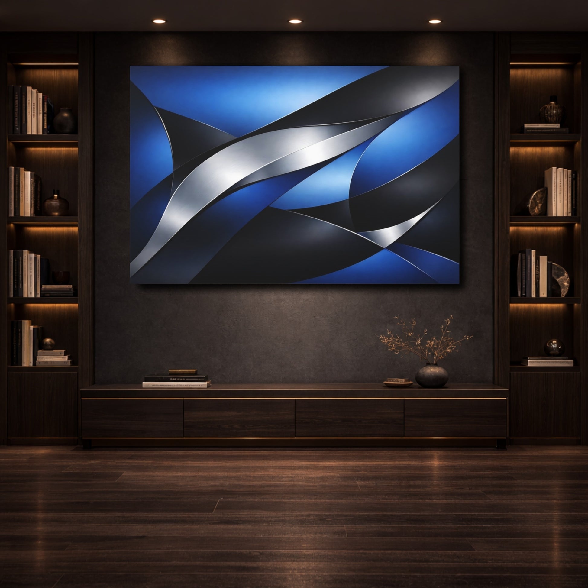 Mockup 3. Abstract Abstract Curves Blue And Silver Abstract shown as stretched canvas wall art