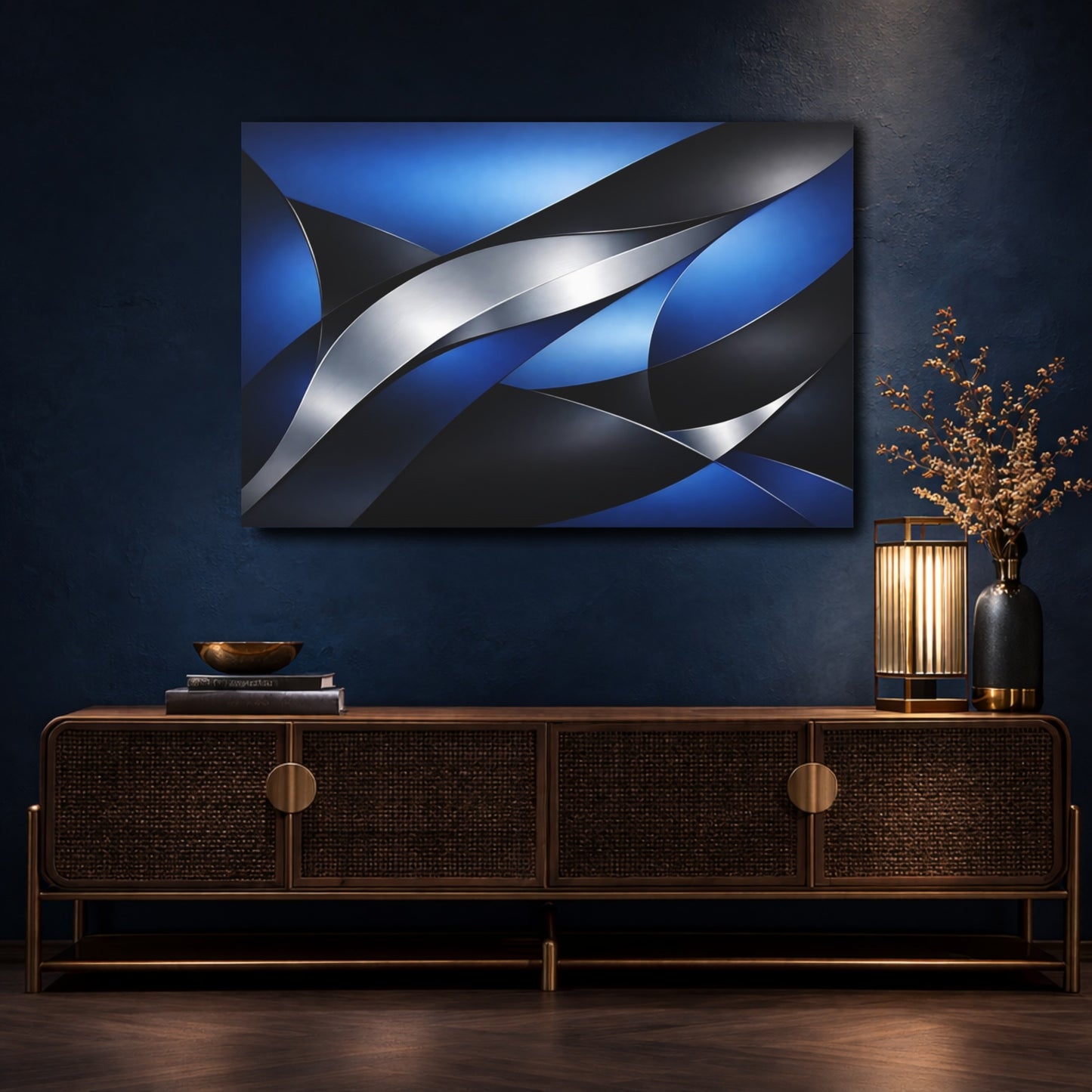 Mockup 4. Abstract Abstract Curves Blue And Silver Abstract shown as stretched canvas wall art