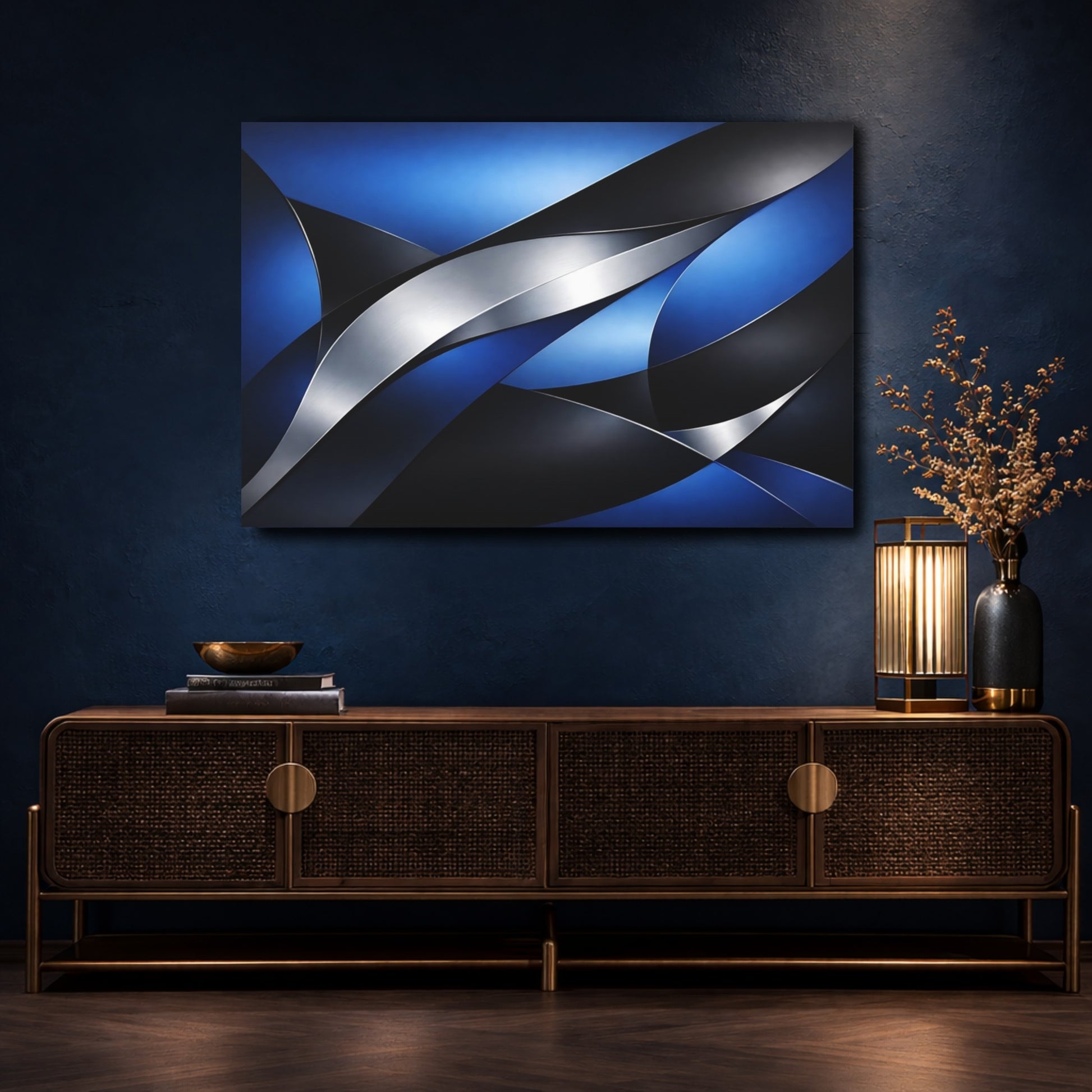 Mockup 4. Abstract Abstract Curves Blue And Silver Abstract shown as stretched canvas wall art