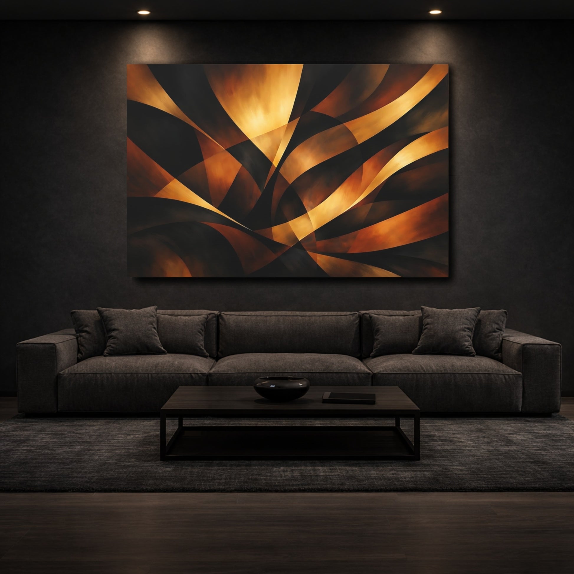 Mockup 2. Abstract Abstract Curves Gold And Black shown as stretched canvas wall art