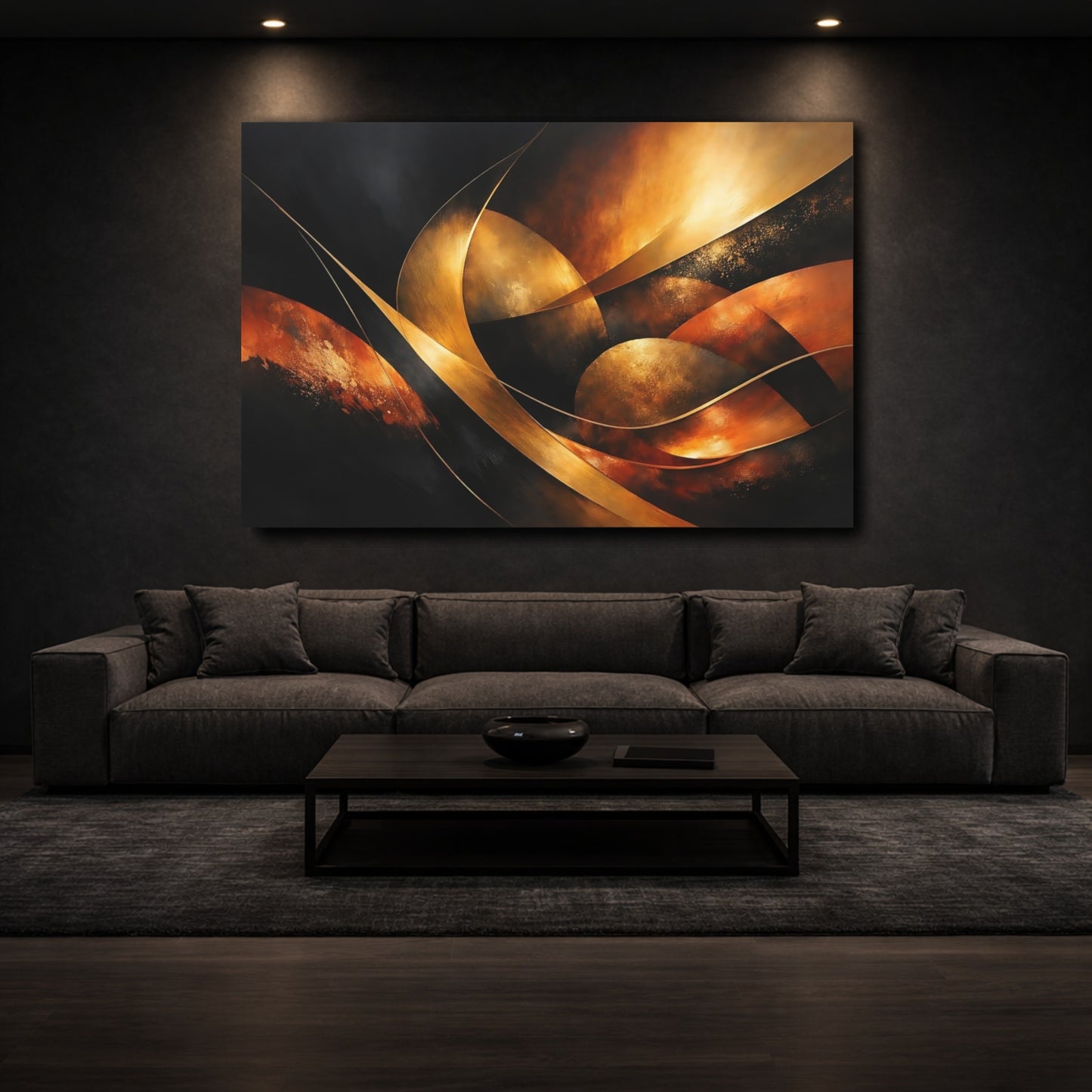 Mockup 2. Abstract Abstract Curves Gold And Black shown as stretched canvas wall art