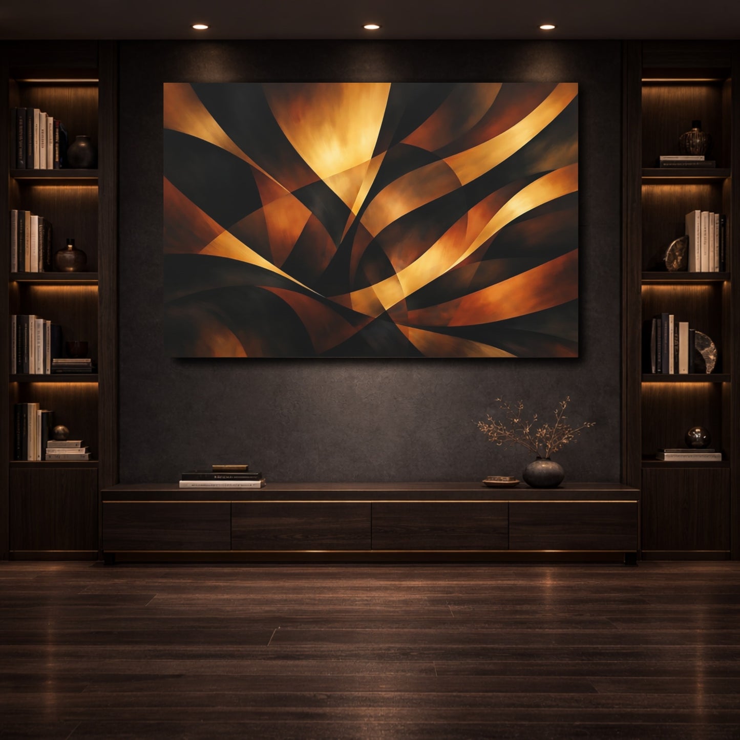 Mockup 3. Abstract Abstract Curves Gold And Black shown as stretched canvas wall art