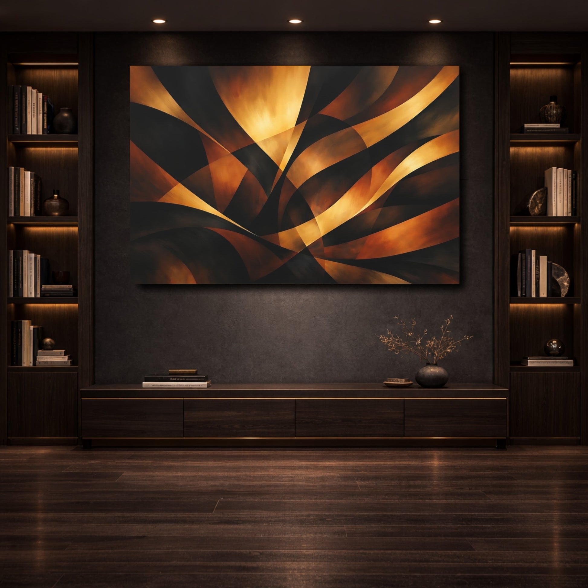 Mockup 3. Abstract Abstract Curves Gold And Black shown as stretched canvas wall art