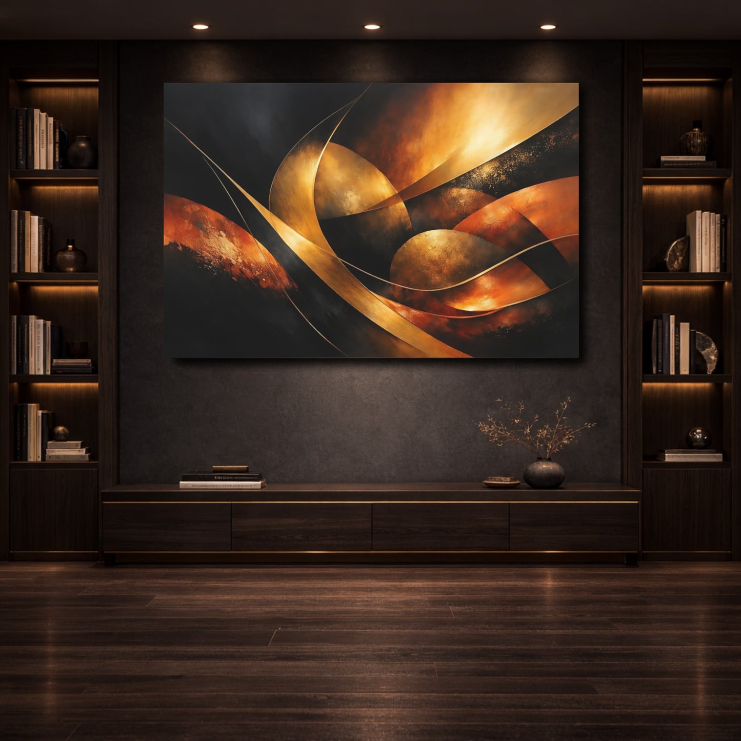 Mockup 3. Abstract Abstract Curves Gold And Black shown as stretched canvas wall art