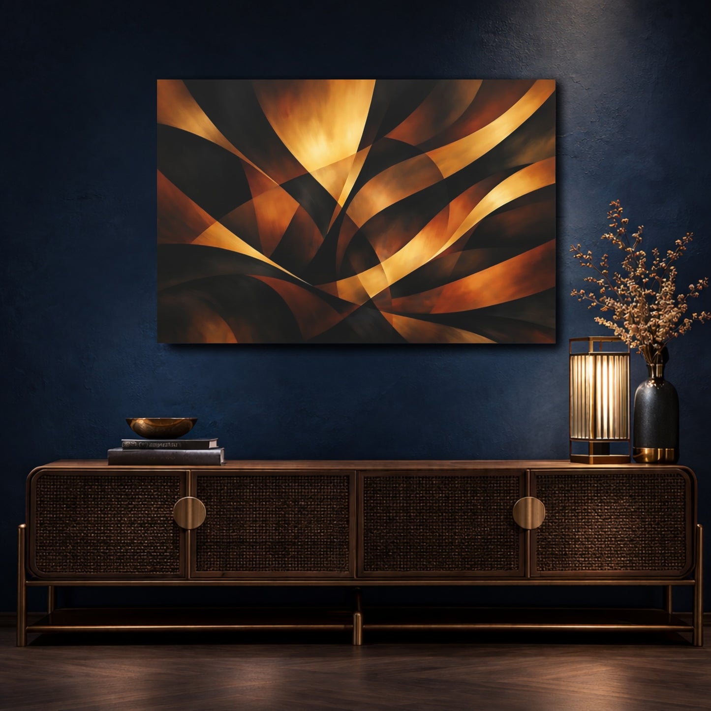 Mockup 4. Abstract Abstract Curves Gold And Black shown as stretched canvas wall art