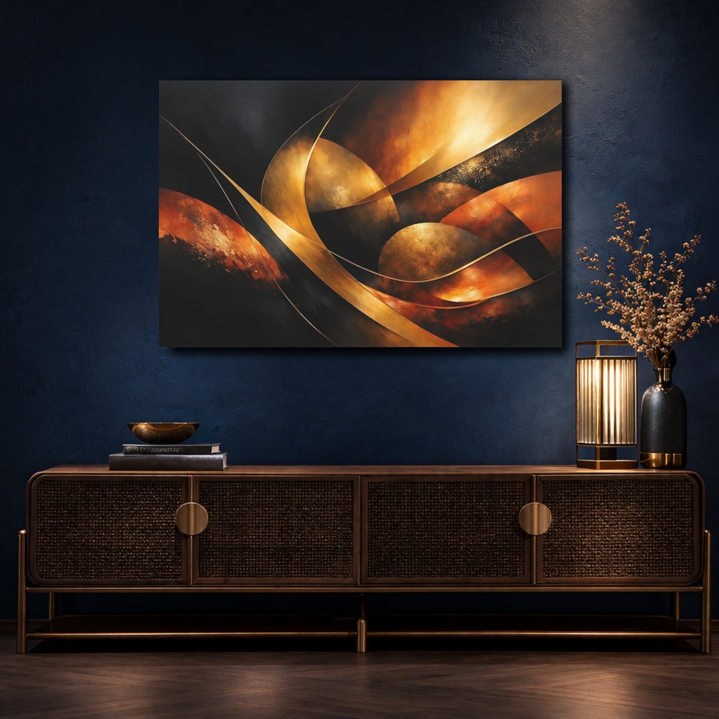 Mockup 4. Abstract Abstract Curves Gold And Black shown as stretched canvas wall art
