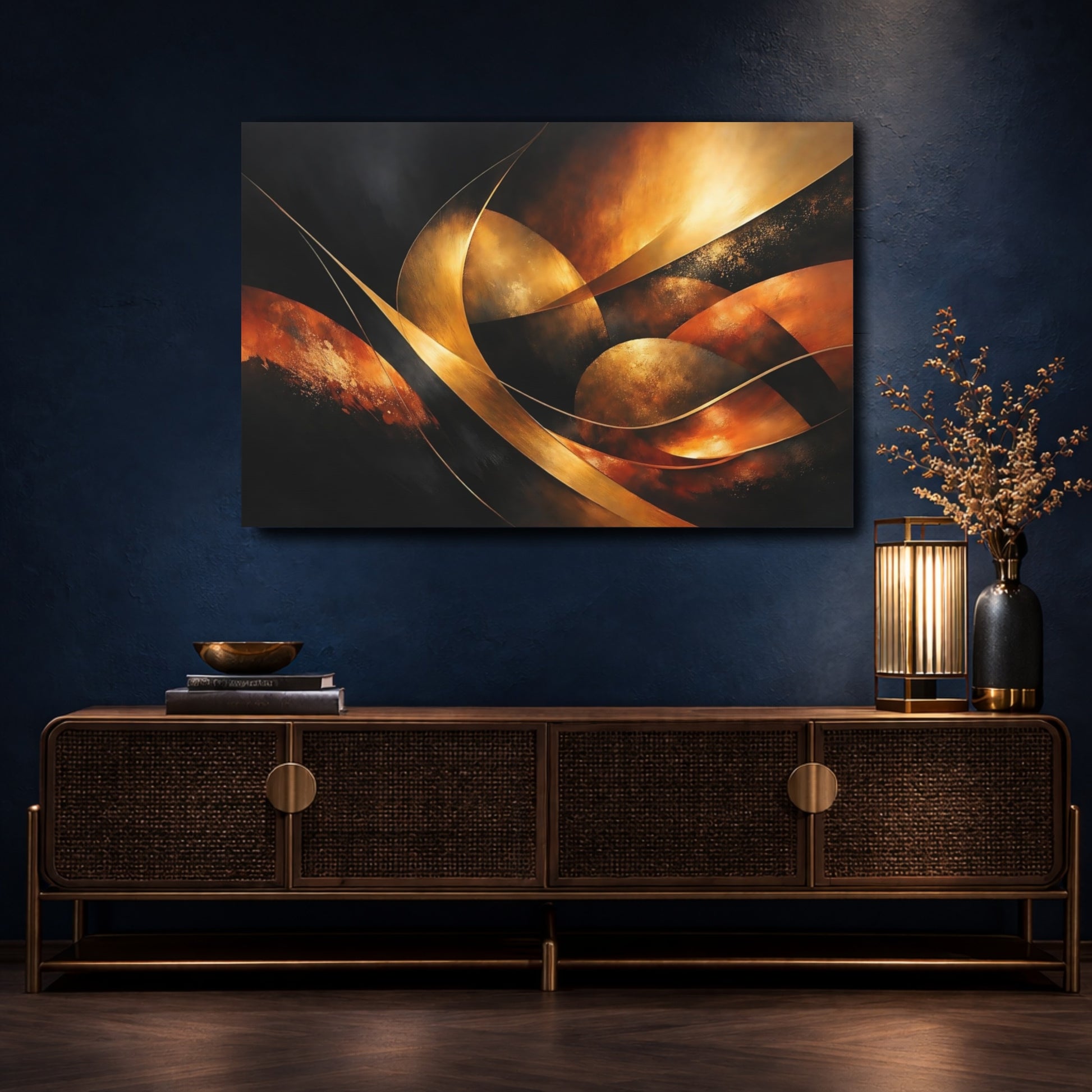 Mockup 4. Abstract Abstract Curves Gold And Black shown as stretched canvas wall art