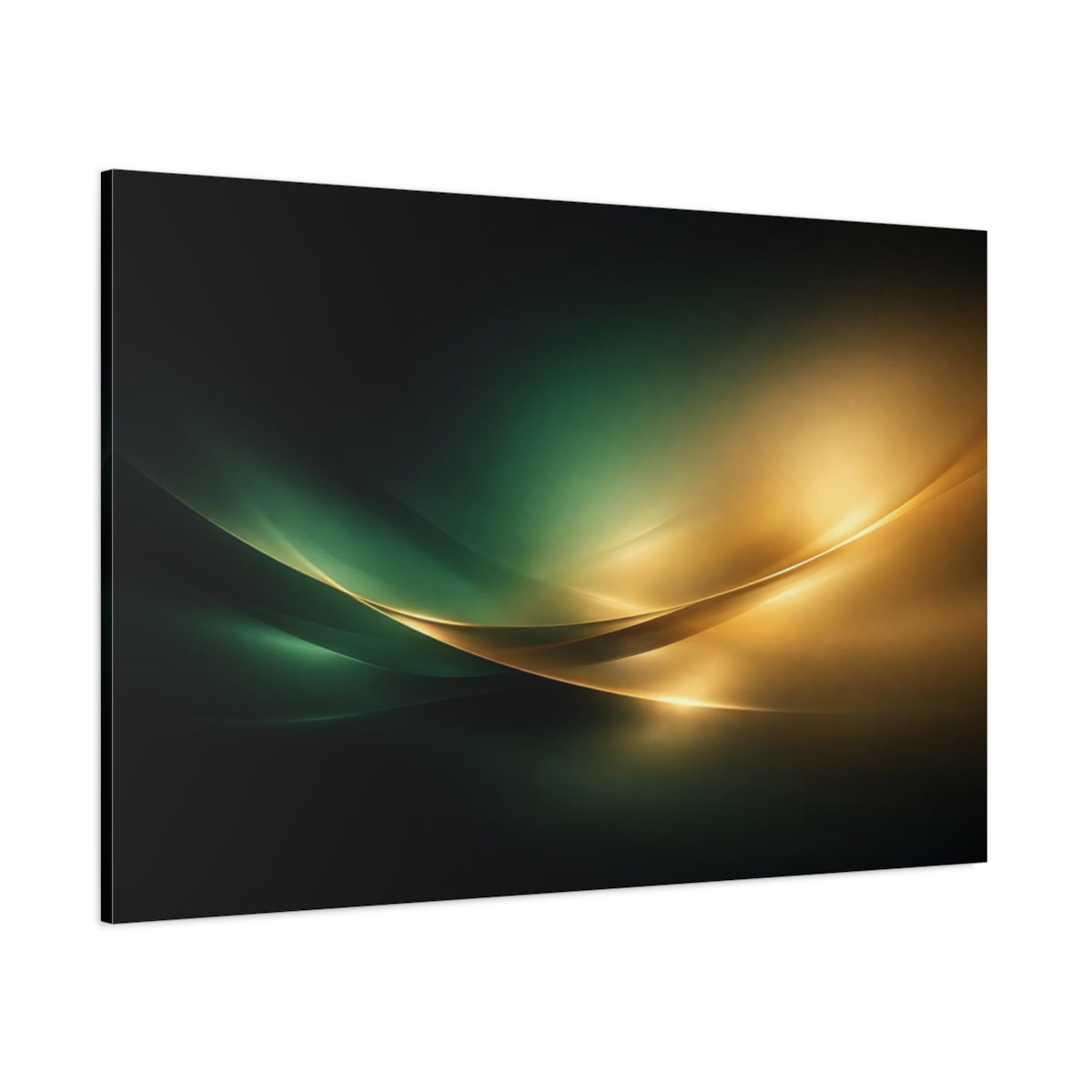 Main Mockup. Abstract Abstract Curves Green And Gold Abstract shown as stretched canvas wall art