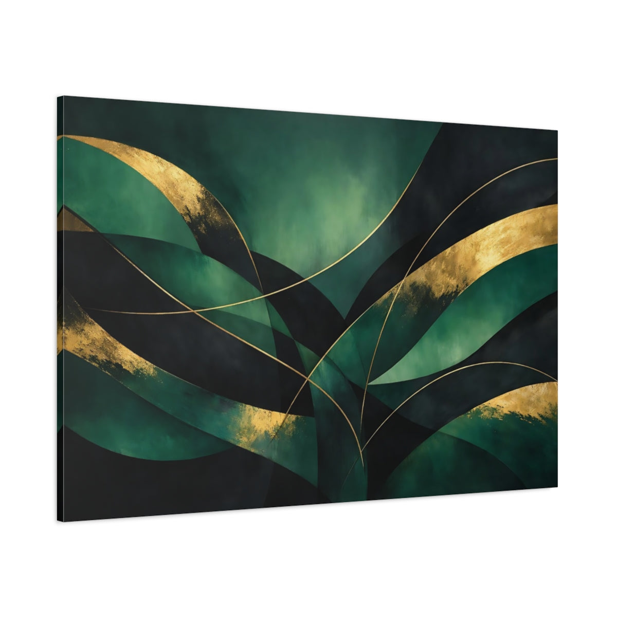 Main Mockup. Abstract Abstract Curves Green And Gold Abstract shown as stretched canvas wall art