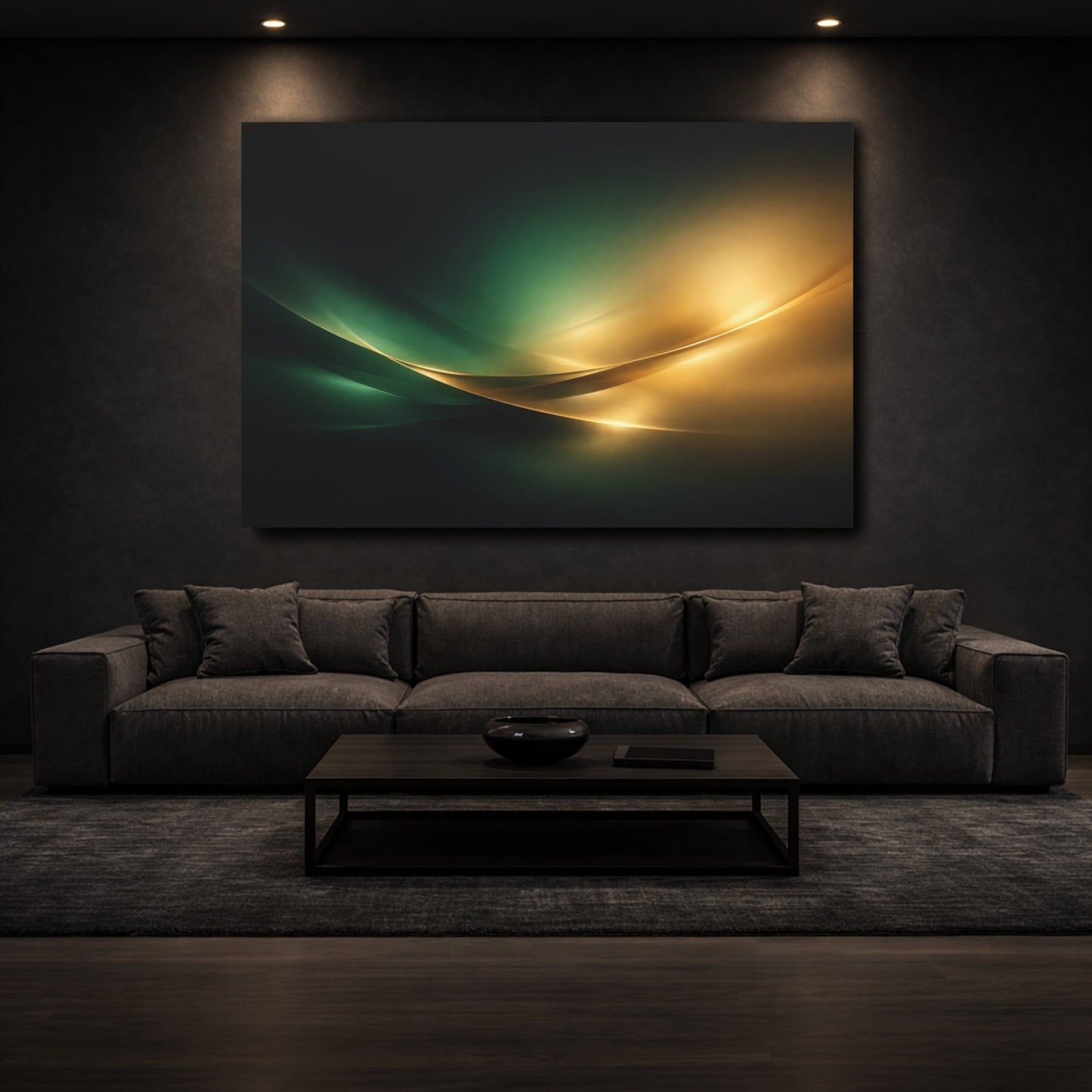 Mockup 2. Abstract Abstract Curves Green And Gold Abstract shown as stretched canvas wall art