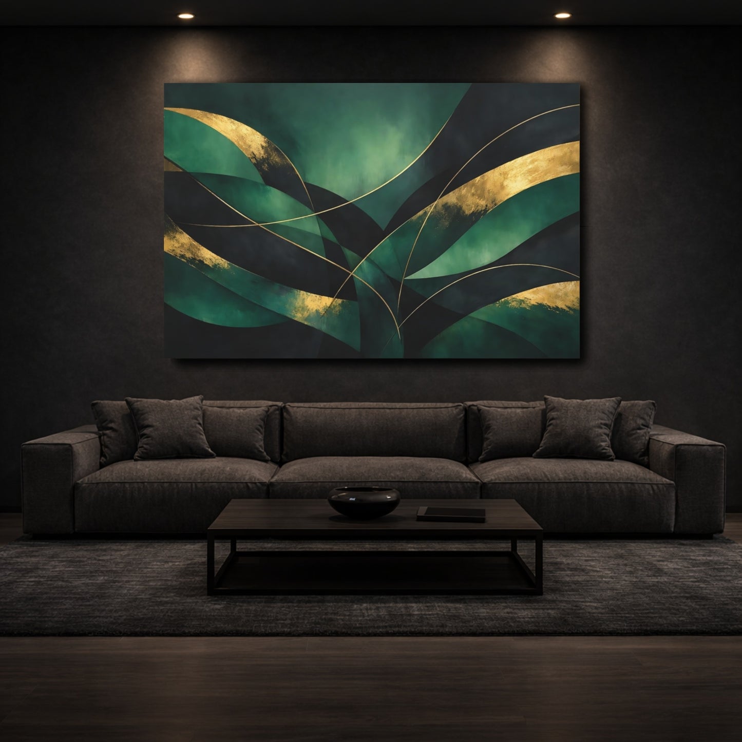 Mockup 2. Abstract Abstract Curves Green And Gold Abstract shown as stretched canvas wall art