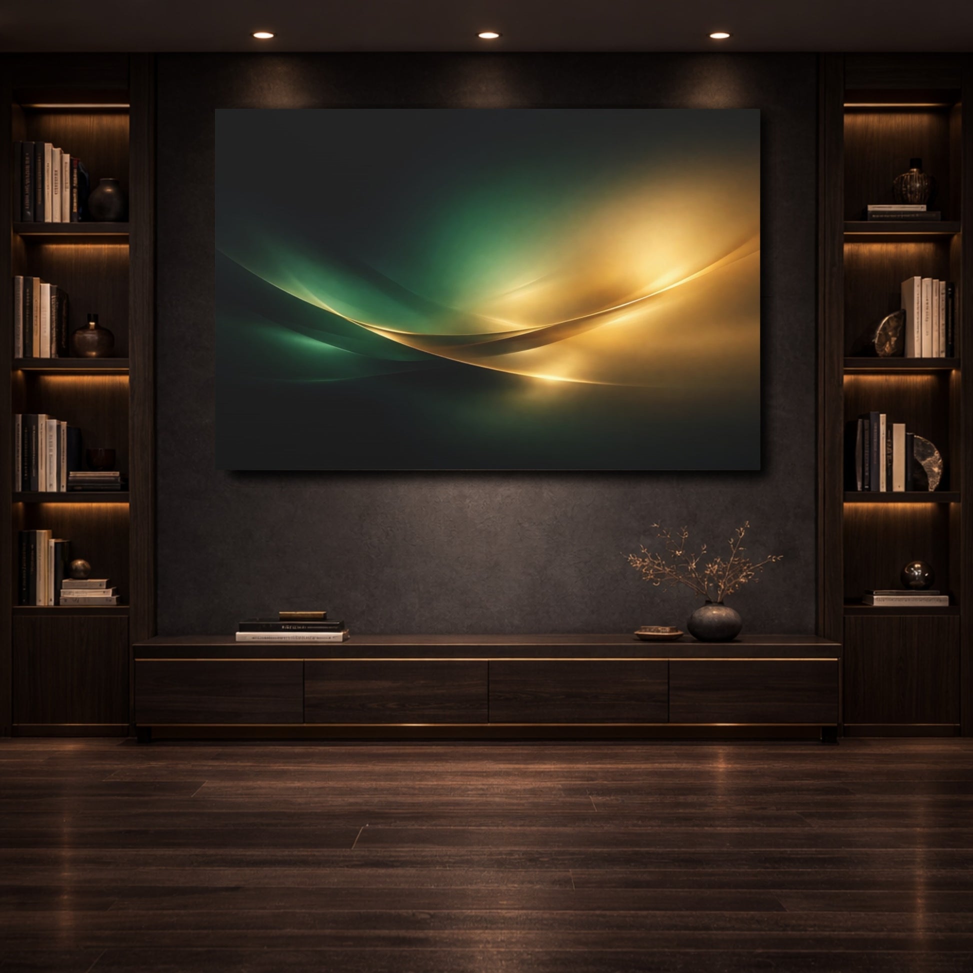 Mockup 3. Abstract Abstract Curves Green And Gold Abstract shown as stretched canvas wall art