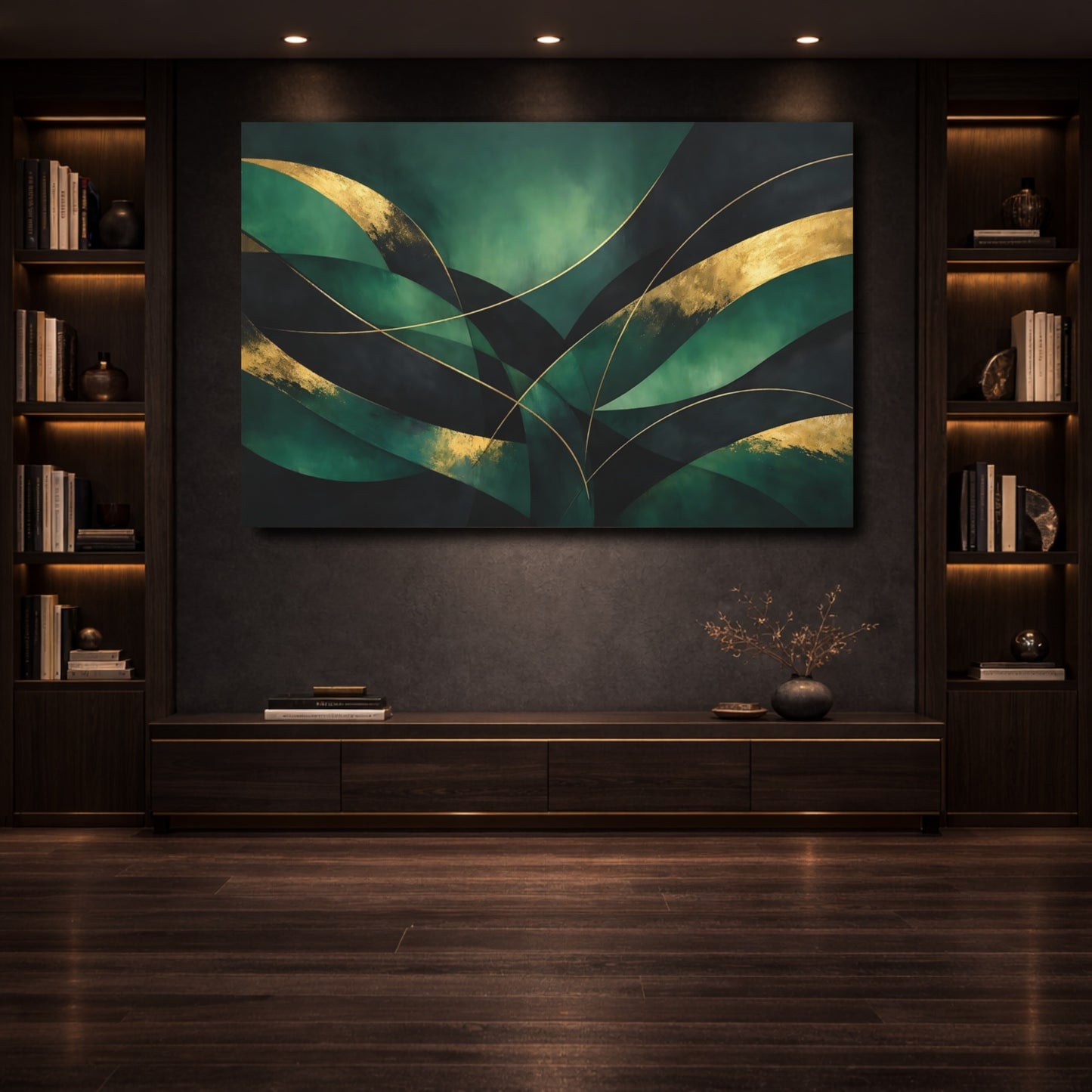 Mockup 3. Abstract Abstract Curves Green And Gold Abstract shown as stretched canvas wall art