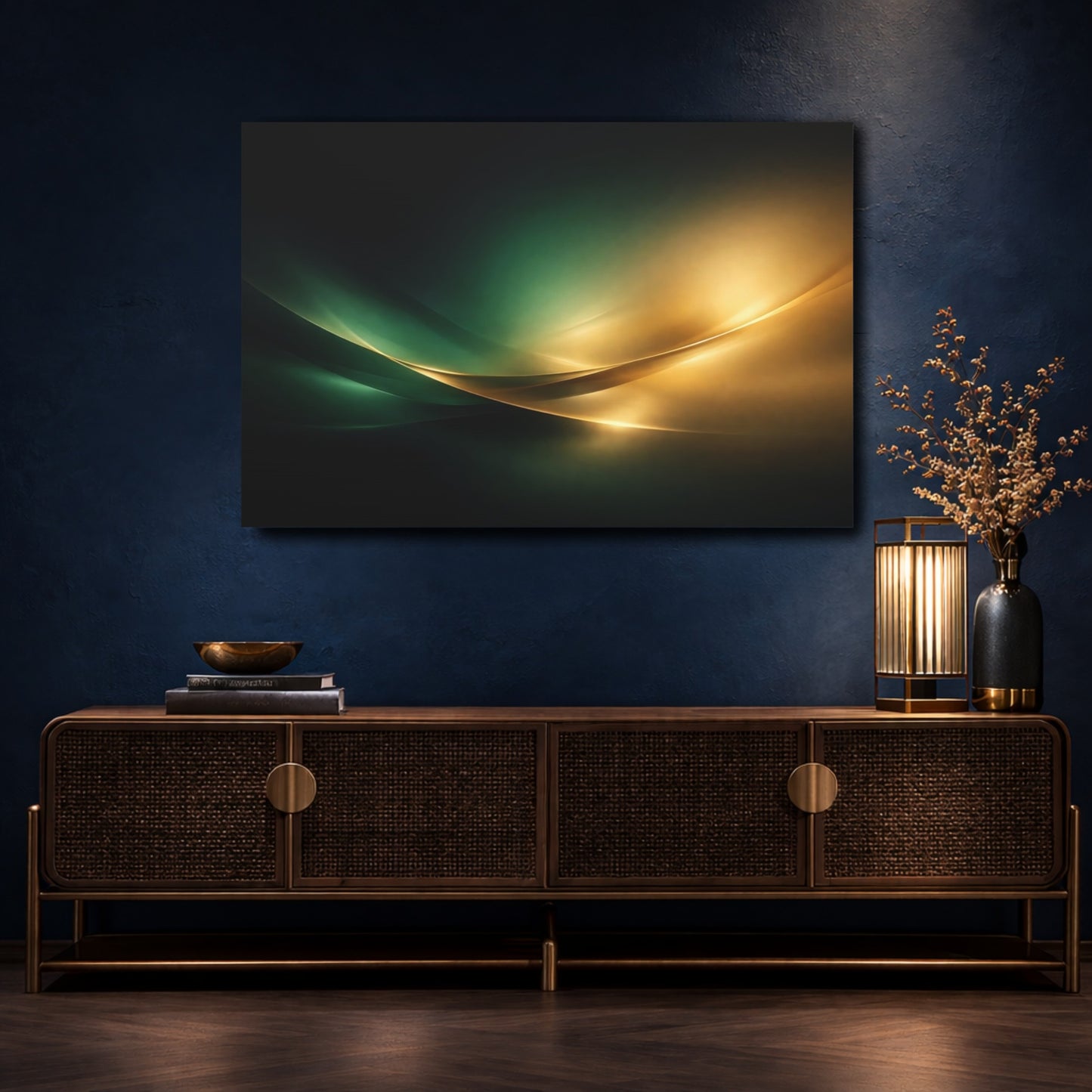 Mockup 4. Abstract Abstract Curves Green And Gold Abstract shown as stretched canvas wall art
