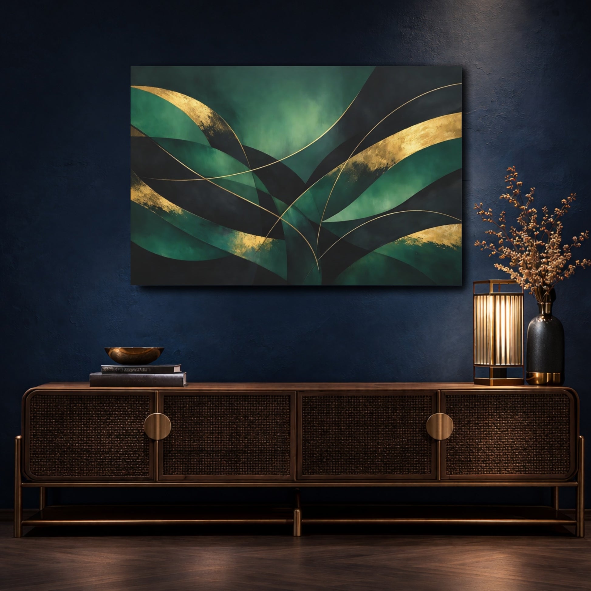 Mockup 4. Abstract Abstract Curves Green And Gold Abstract shown as stretched canvas wall art