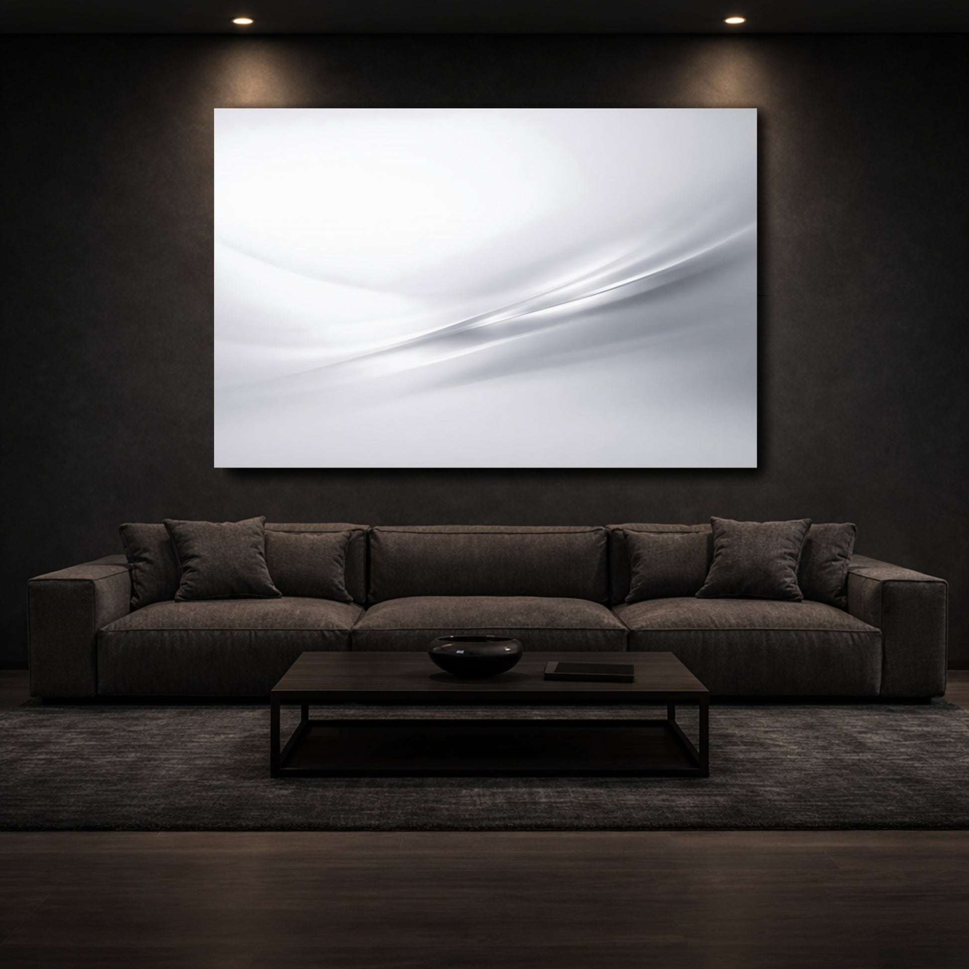 Mockup 2. Abstract Abstract Curves Grey And White shown as stretched canvas wall art