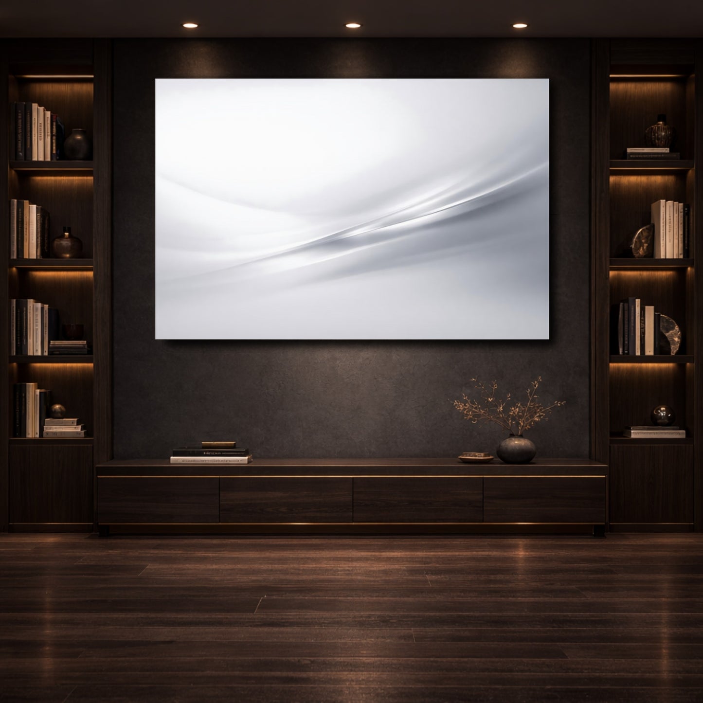 Mockup 3. Abstract Abstract Curves Grey And White shown as stretched canvas wall art
