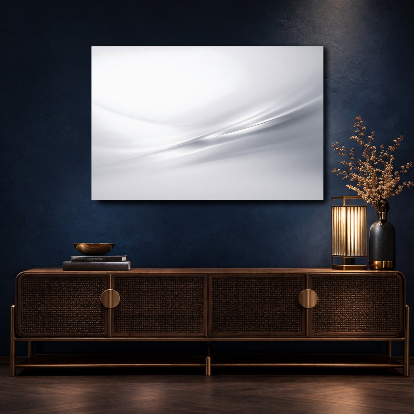 Mockup 4. Abstract Abstract Curves Grey And White shown as stretched canvas wall art