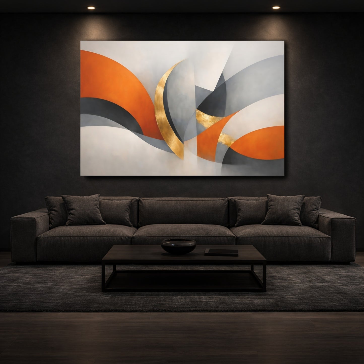 Mockup 2. Abstract Abstract Curves Orange Grey Gold Abstract shown as stretched canvas wall art
