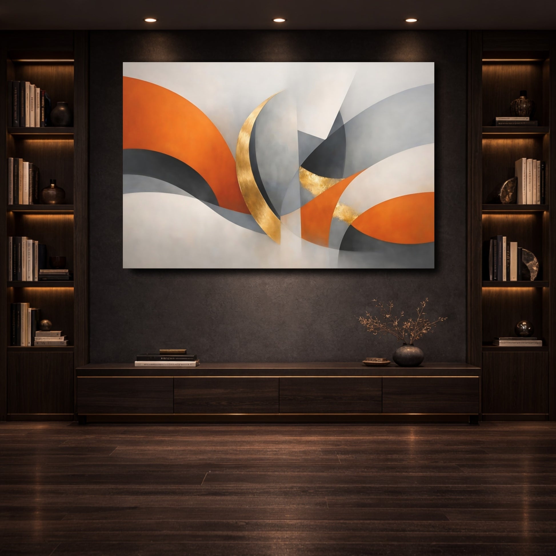 Mockup 3. Abstract Abstract Curves Orange Grey Gold Abstract shown as stretched canvas wall art