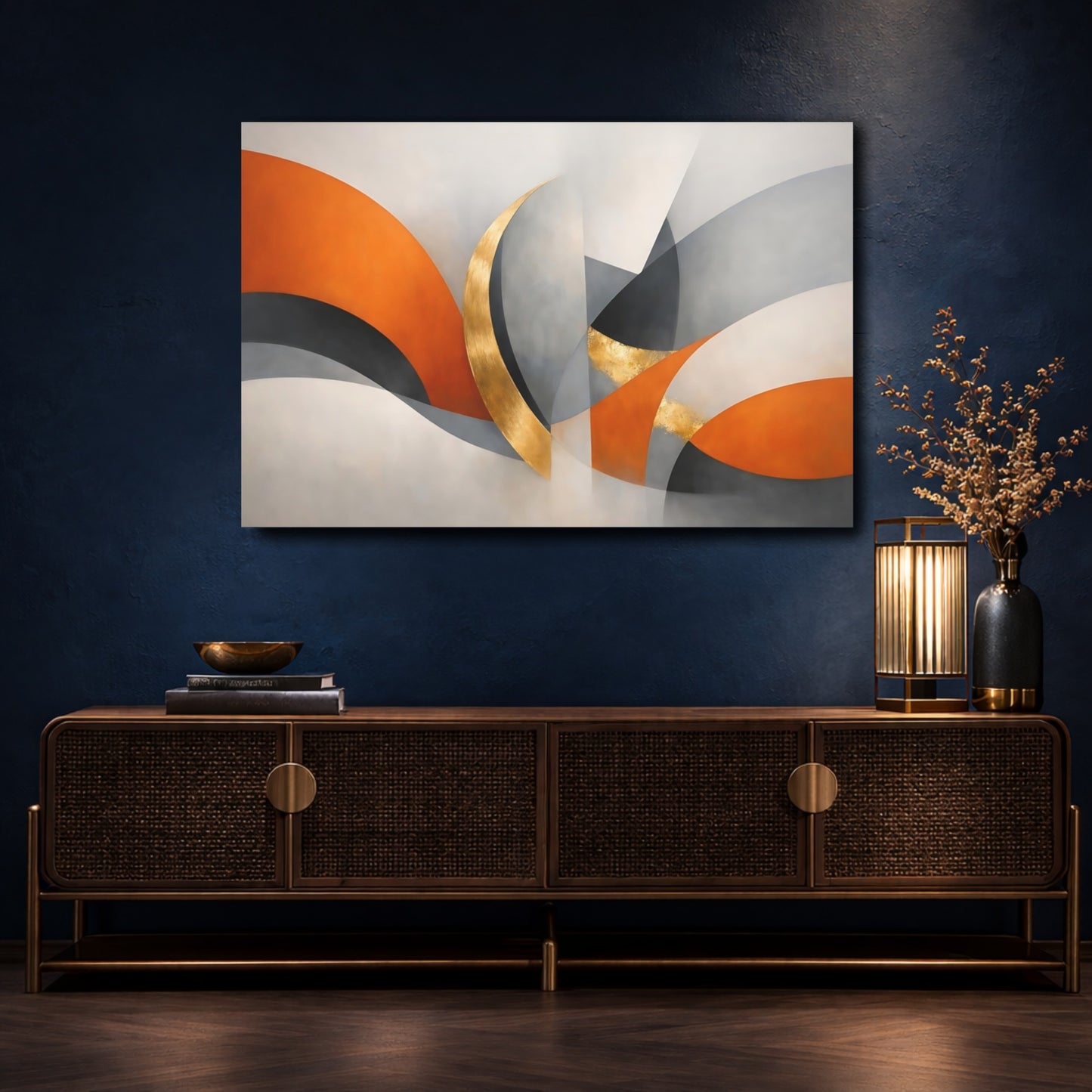 Mockup 4. Abstract Abstract Curves Orange Grey Gold Abstract shown as stretched canvas wall art