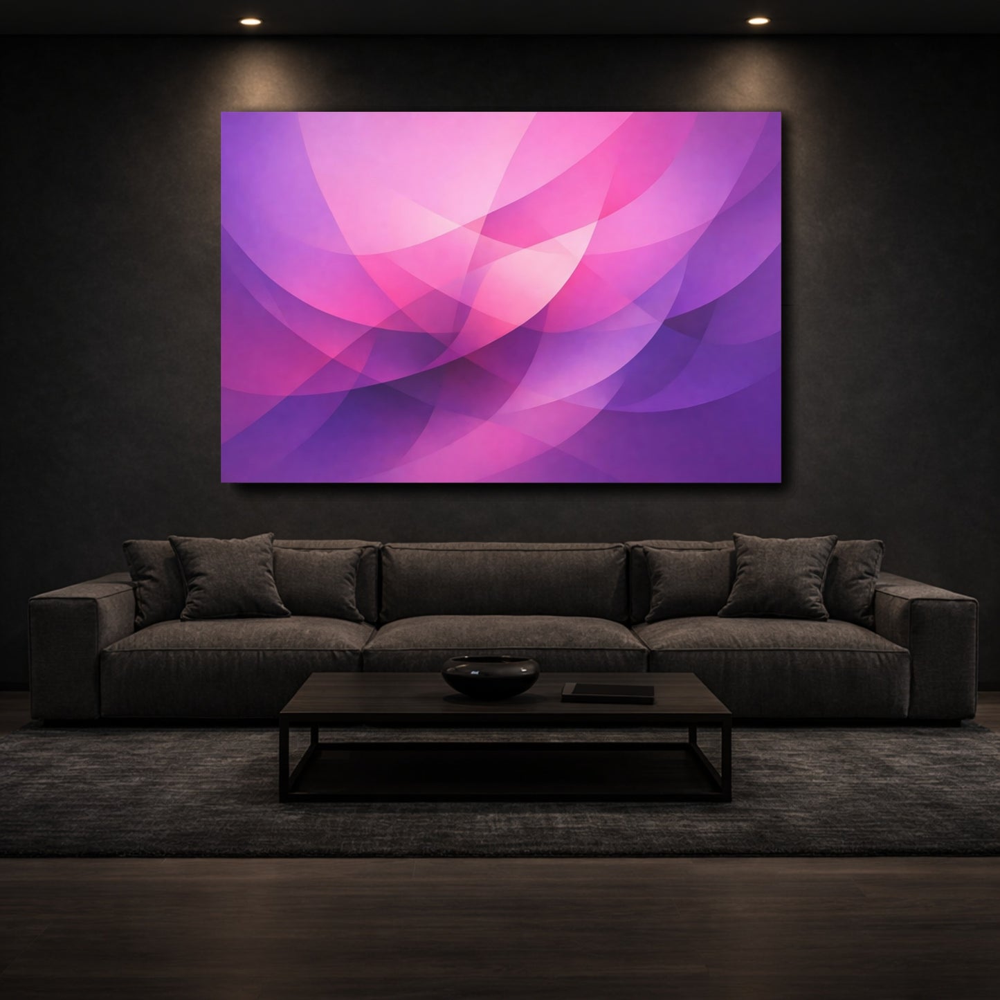 Mockup 2. Abstract Abstract Curves Purple And Pink shown as stretched canvas wall art