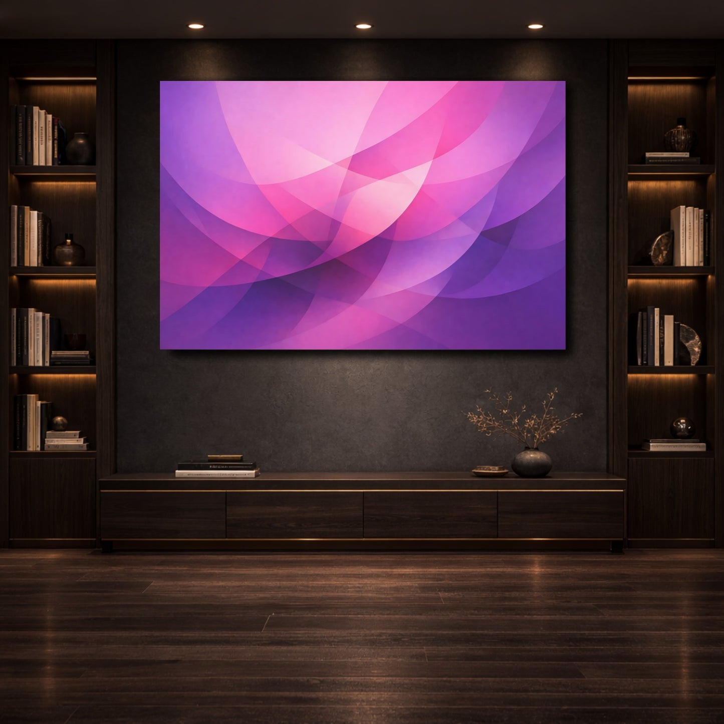 Mockup 3. Abstract Abstract Curves Purple And Pink shown as stretched canvas wall art