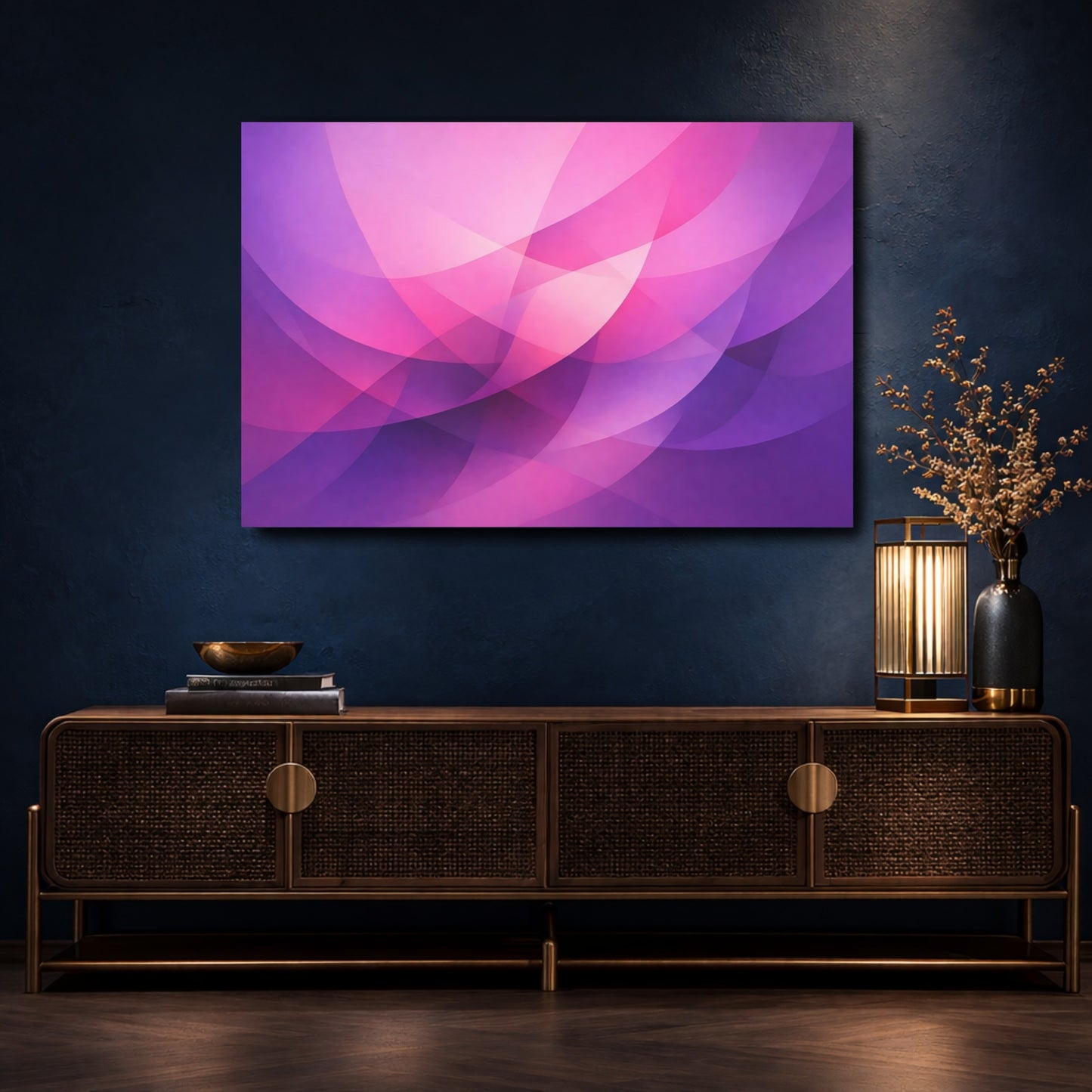 Mockup 4. Abstract Abstract Curves Purple And Pink shown as stretched canvas wall art