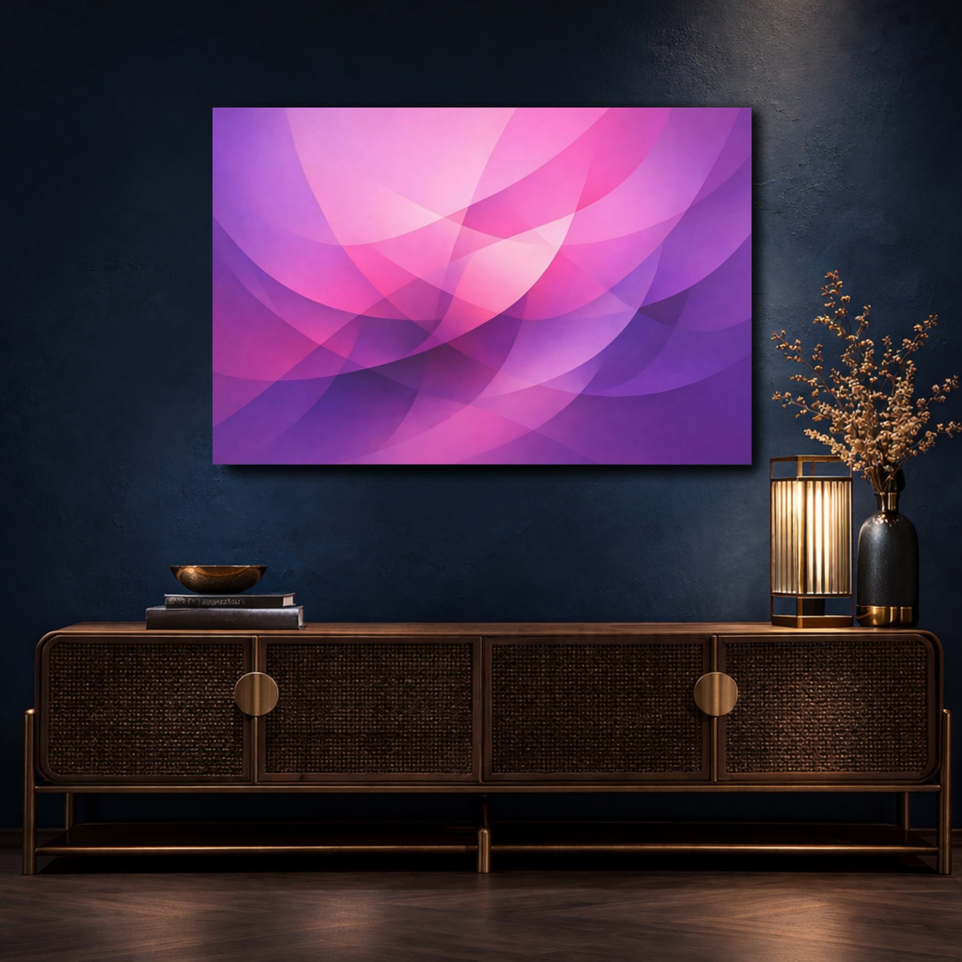 Mockup 4. Abstract Abstract Curves Purple And Pink shown as stretched canvas wall art