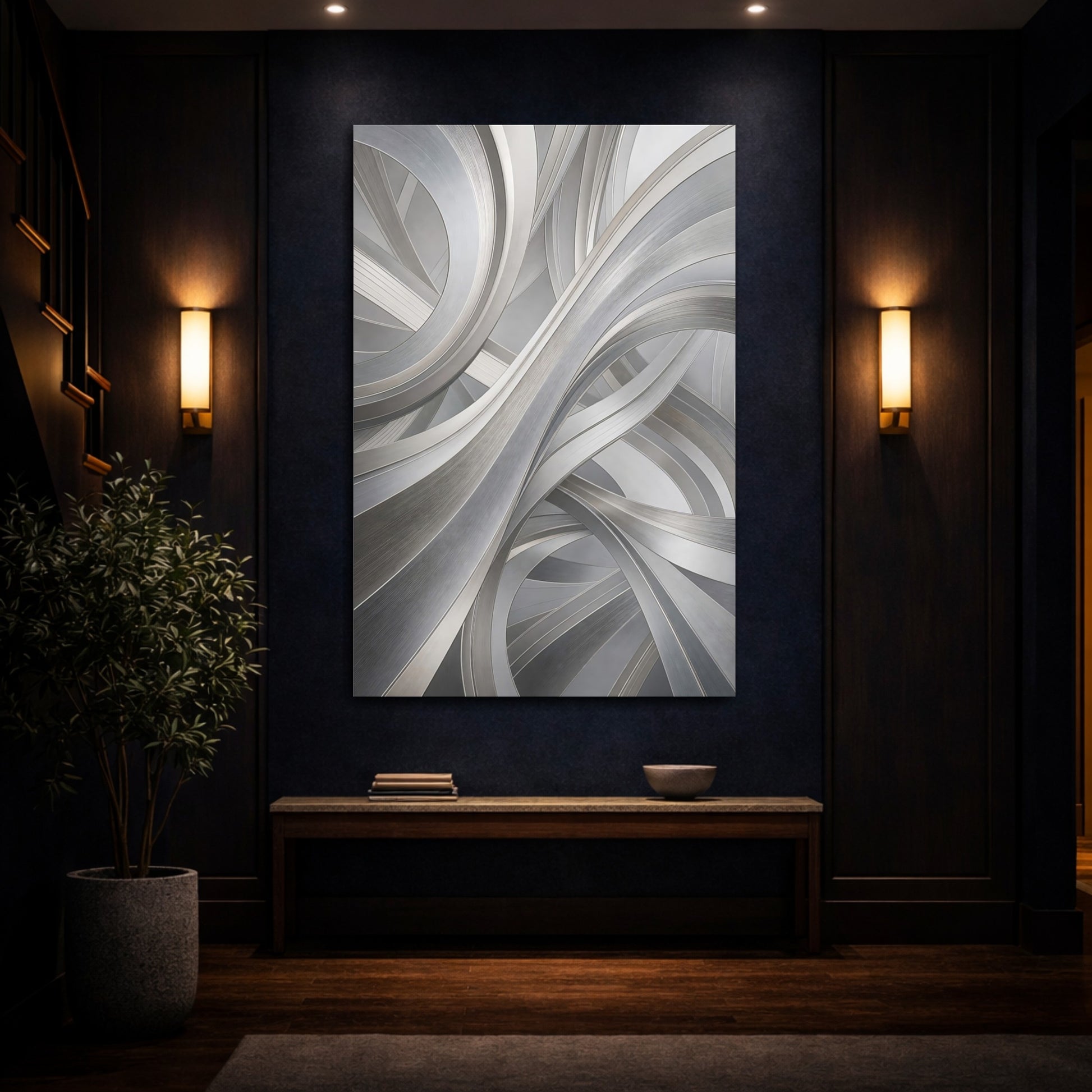 Mockup 4. Abstract Abstract Curves Silver Abstract shown as stretched canvas wall art