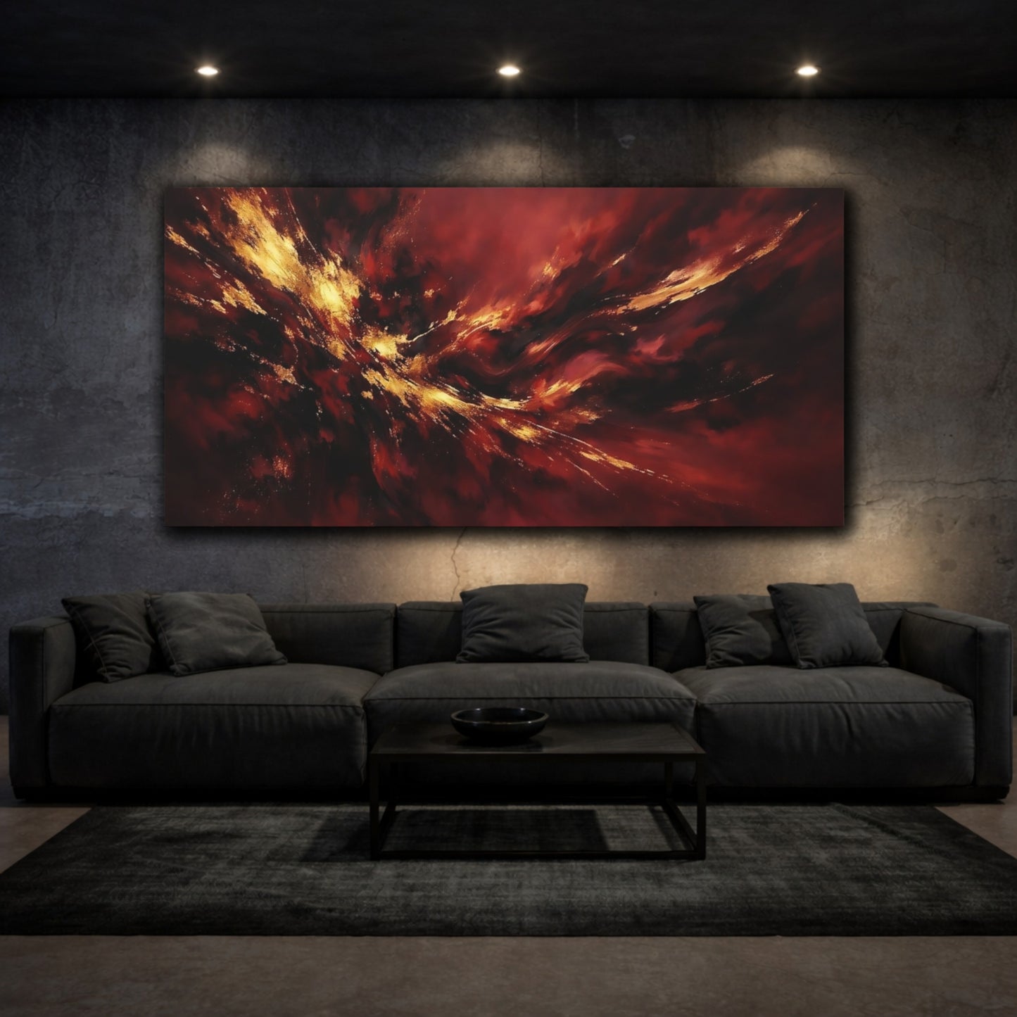 Mockup 2. Abstract Abstract Explosion Red Gold Abstract shown as stretched canvas wall art