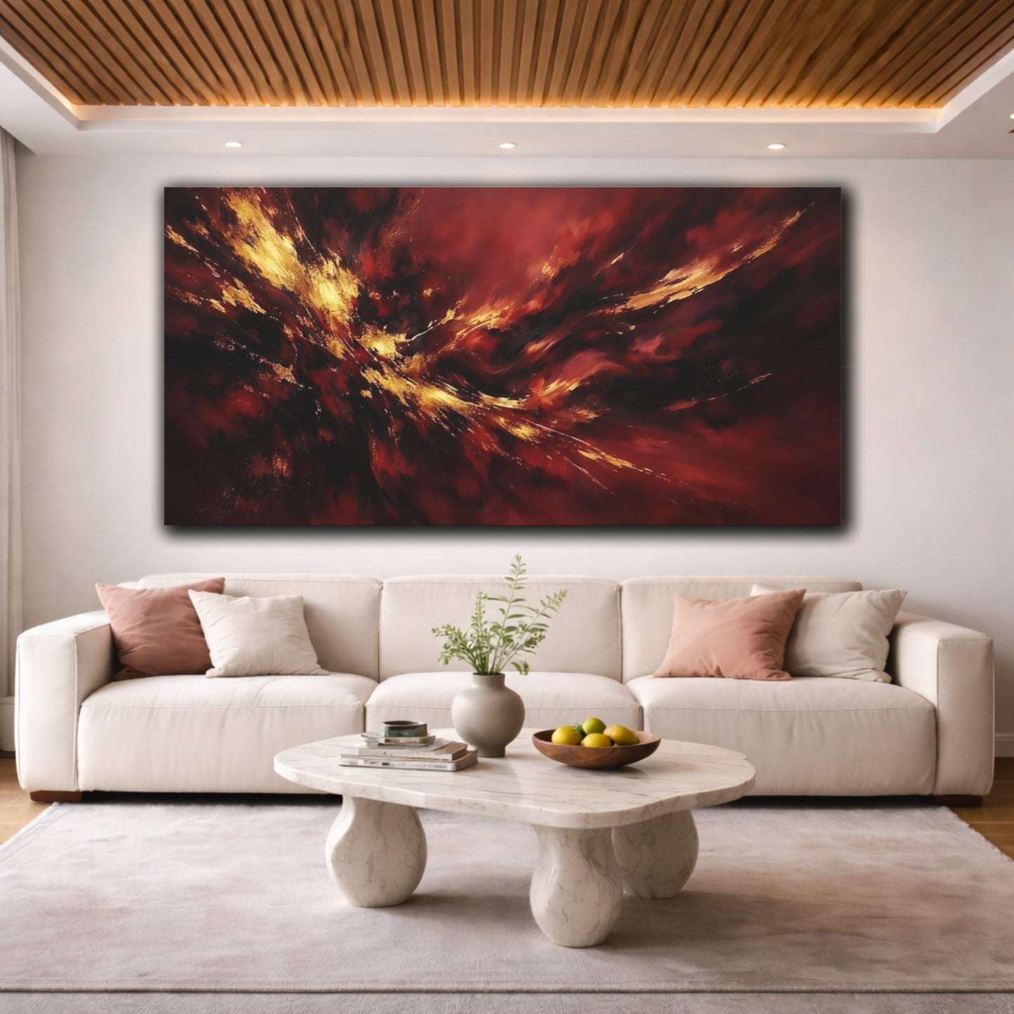 Mockup 3. Abstract Abstract Explosion Red Gold Abstract shown as stretched canvas wall art